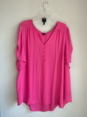 TORRID Bright Hot Pink V-Neck Button Front Top with Shirred Sleeves
